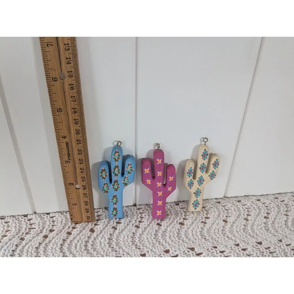 3 Wooden Hand Painted Cactus Dangles, Ornaments - Blue, Pink, White